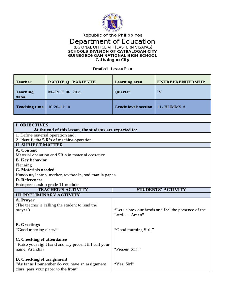 LESSON PLAN RANDYYdocx - 080907 | PDF | Recycling | Plastic