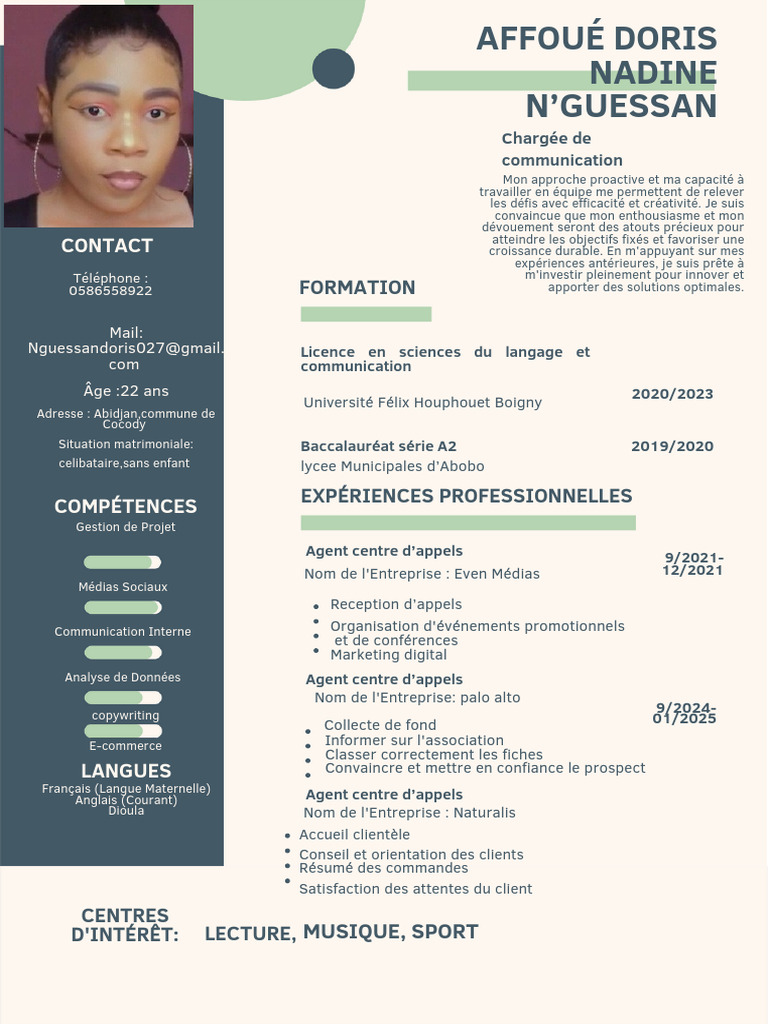 CV de Doris N'Guessan - Compétences et Expérience | PDF | Centre d ...
