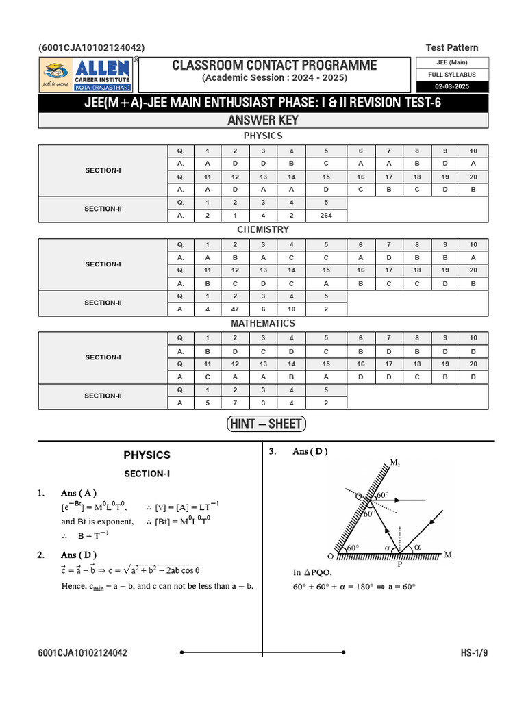 JEE Main 2025 Revision Test 6 Answers | PDF | Ligand | Physical Chemistry