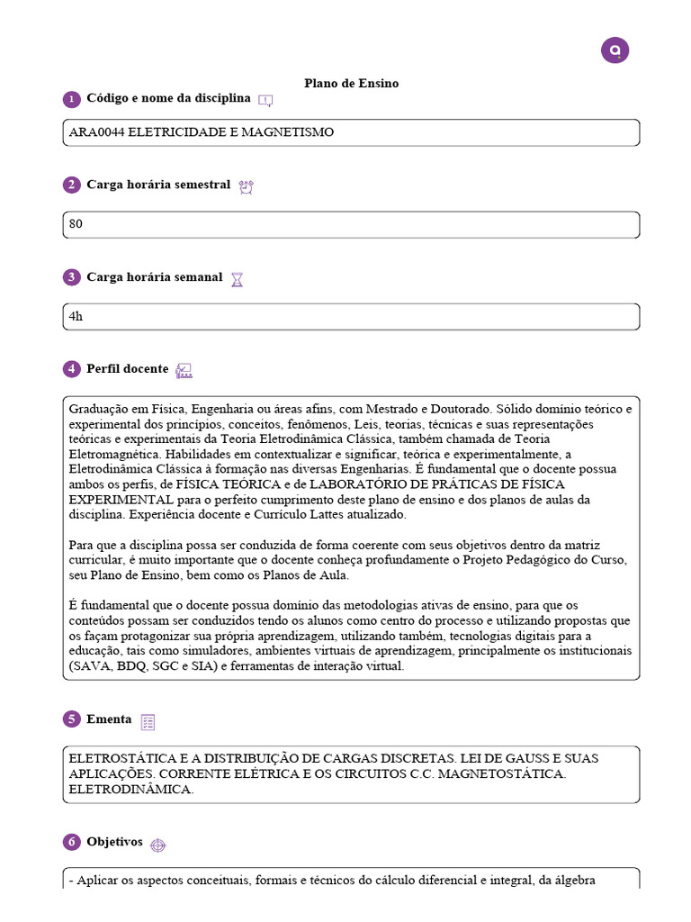 Plano de Ensino: Eletricidade e Magnetismo | PDF | Eletricidade ...