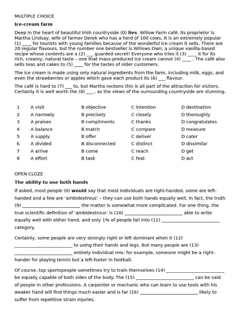 B2 Open Cloze and Multiple Choice Exercises | PDF | Ice Cream