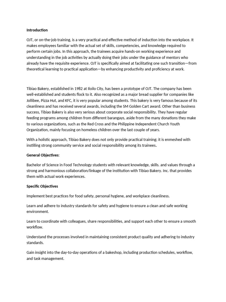 OJT Introduction for Food Technology Students | PDF