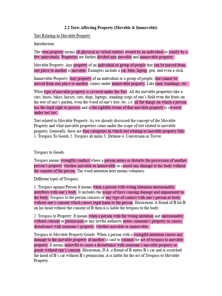 2.2 Torts Affecting Property | PDF | Conversion (Law) | Trespass