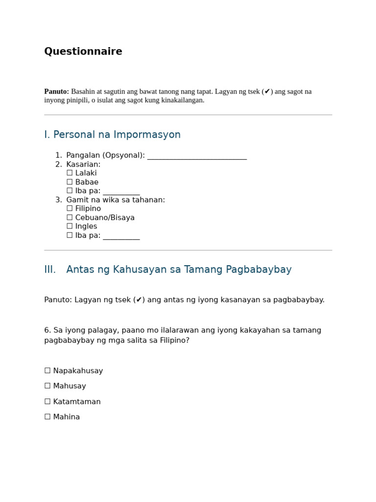 Questionnaire at Guide Questions | PDF