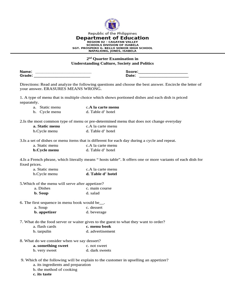 2ND Quarter Summative Test | PDF | Menu | Restaurants
