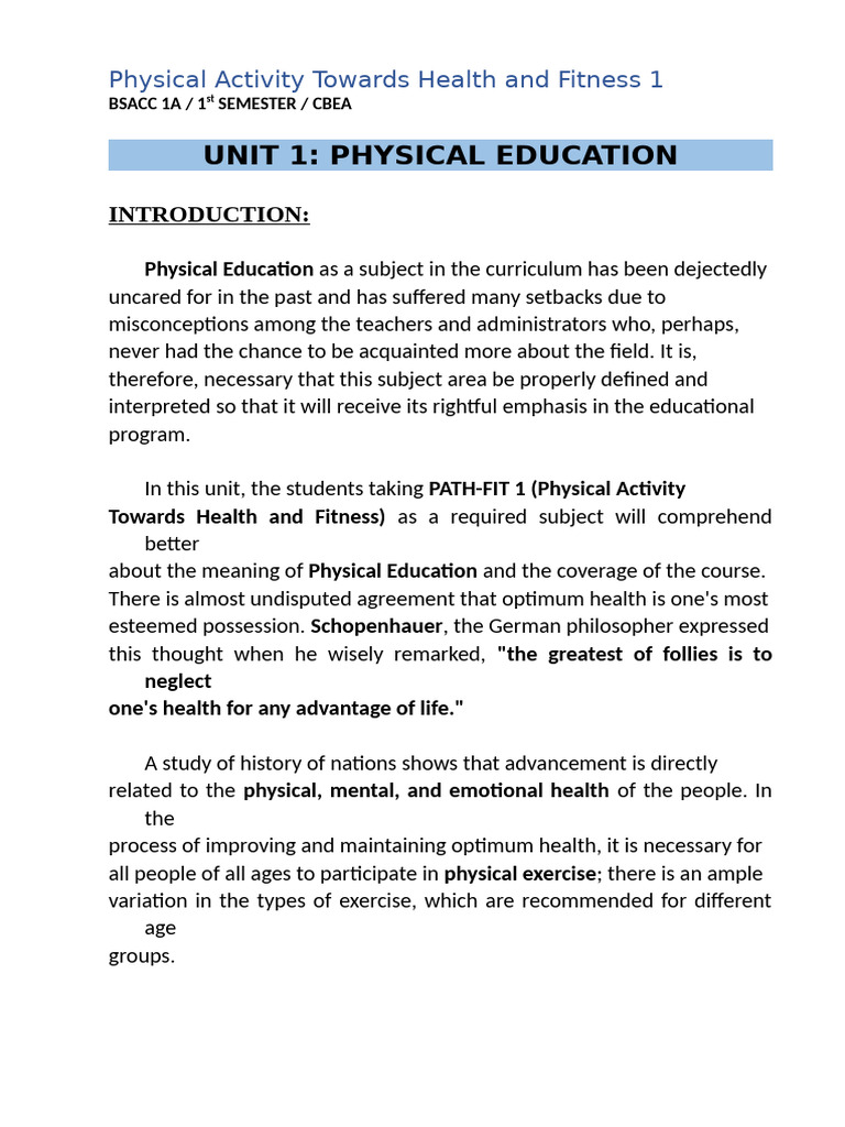 Physical Activity Towards Health and Fitness 1 (1st Semester-Prelims ...