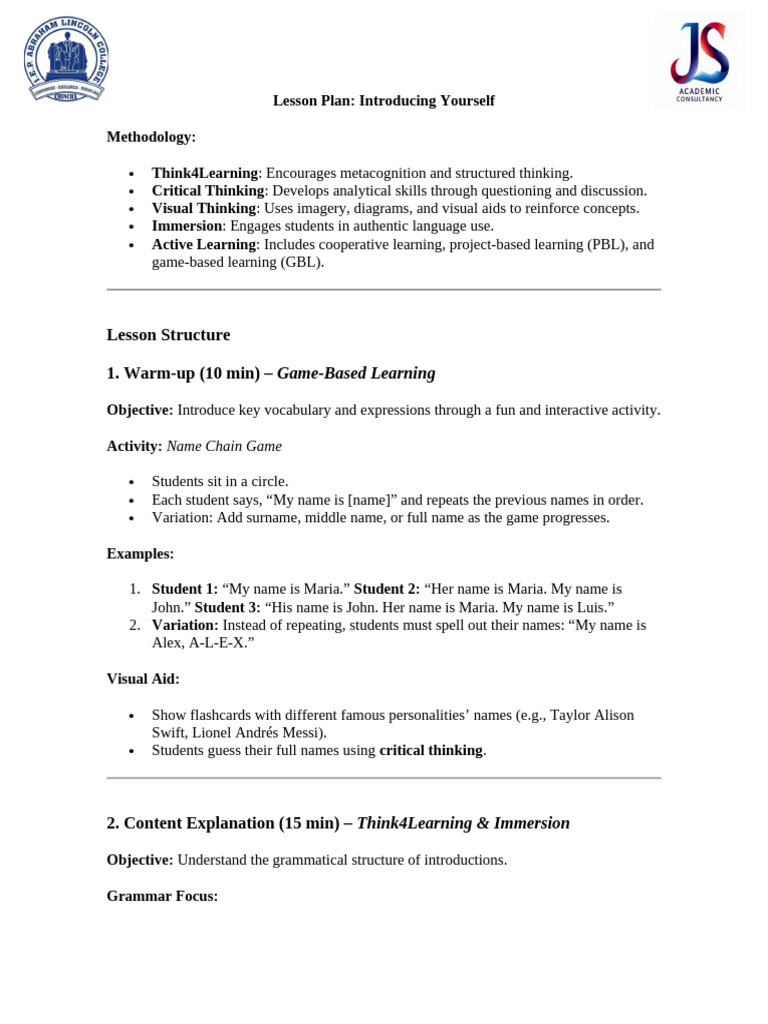 Lesson Plan: Self-Introduction Skills | PDF | Learning | Teaching