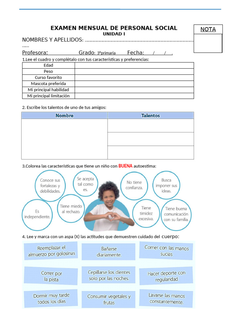 Examen Mensual de Personal Social 3° Primaria | PDF