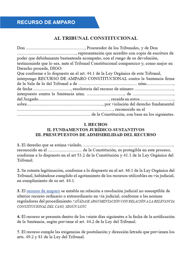 Modelo de Recurso de Amparo Constitucional | PDF | Anulación | Constitución