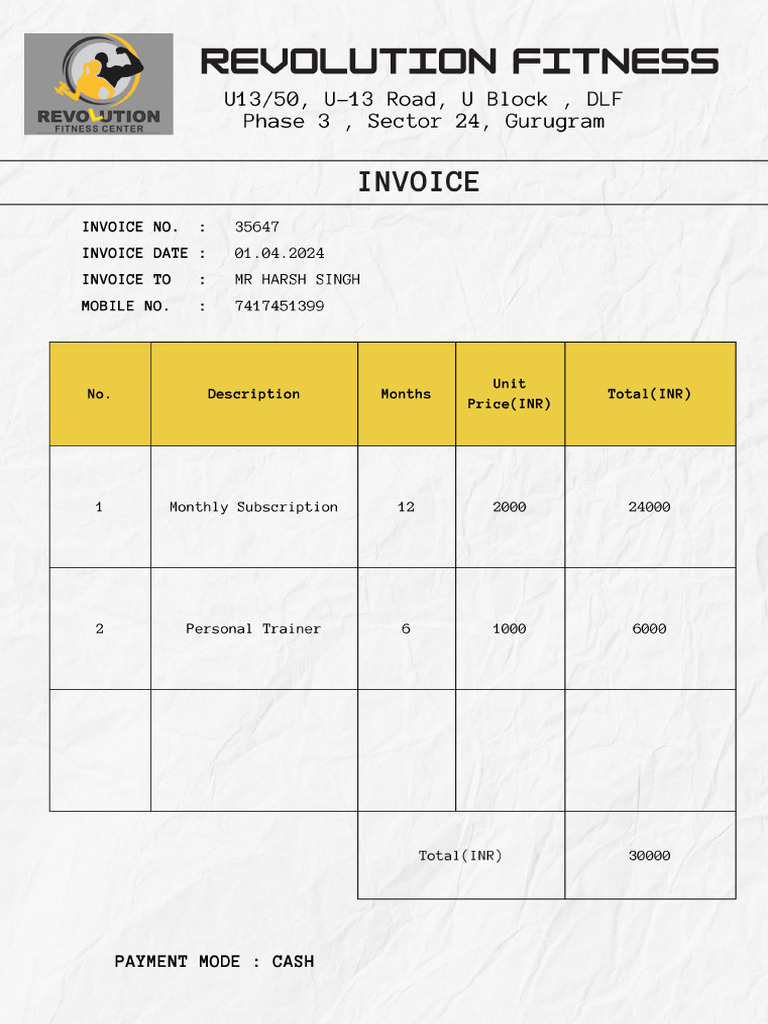 Yellow & Black Minimalist Fitness Club Business Invoice | PDF
