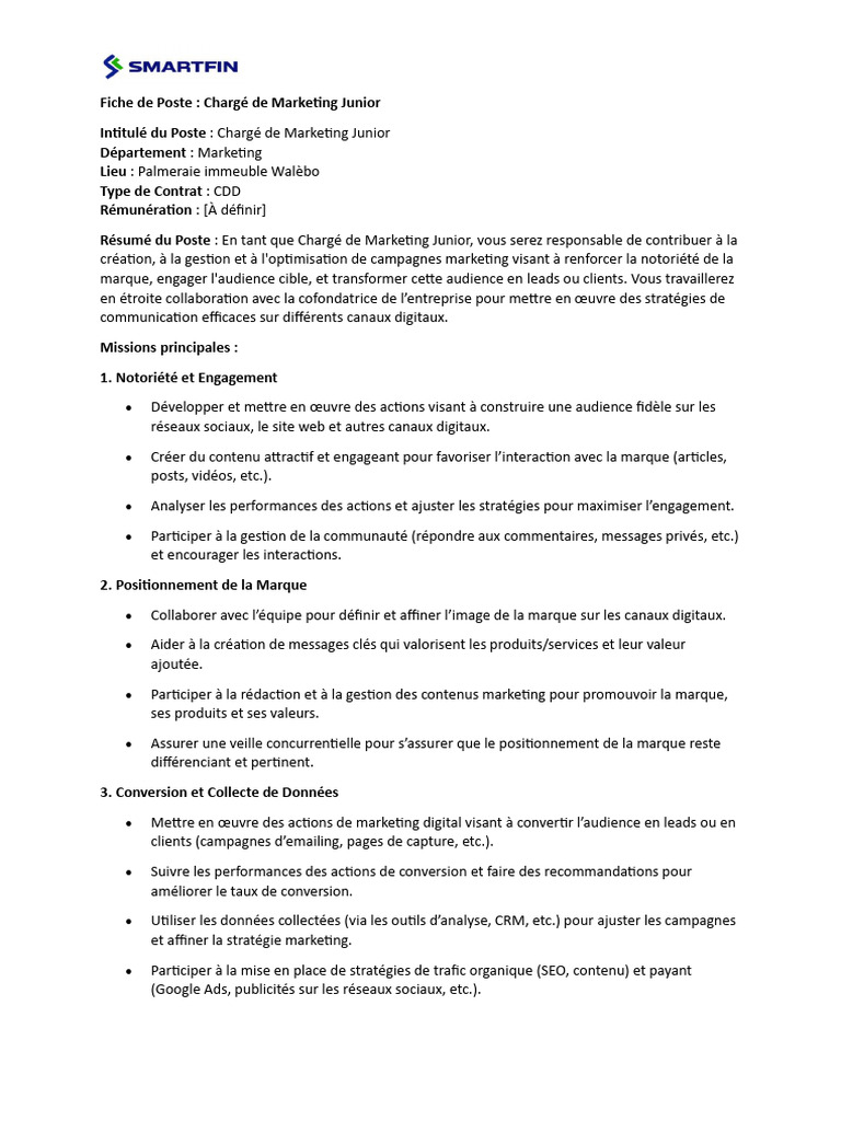 Fiche de Poste : Marketing Junior | PDF | Commercialisation | Marque