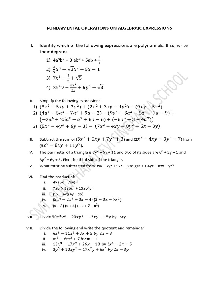 Algebraic Expressions Operations Guide | PDF