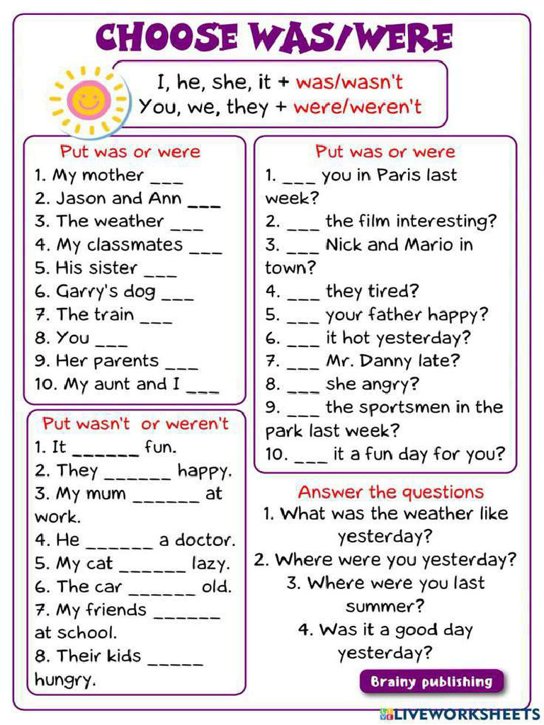 Was Were Activity For Grade 3 | PDF