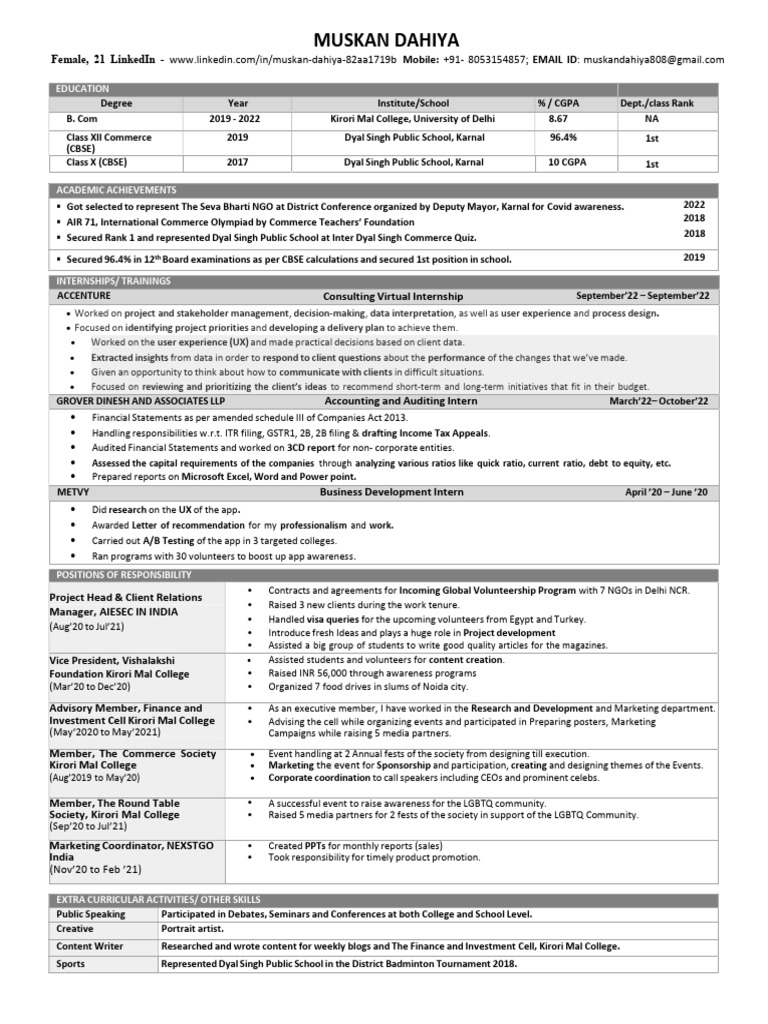 Muskan Dahiya: Academic and Internship Profile | PDF | Business