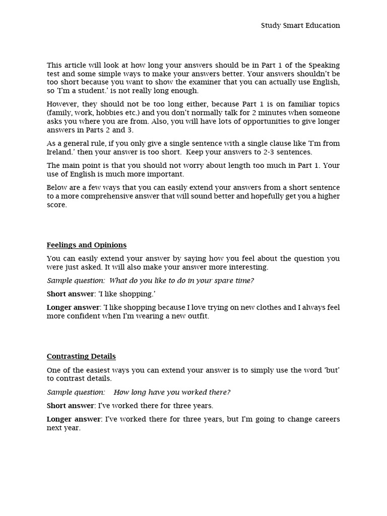 Expanding Answers in Speaking Test | PDF | Sentence (Linguistics ...