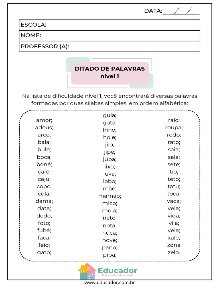 Ditado de Palavras por Nível de Dificuldade | PDF