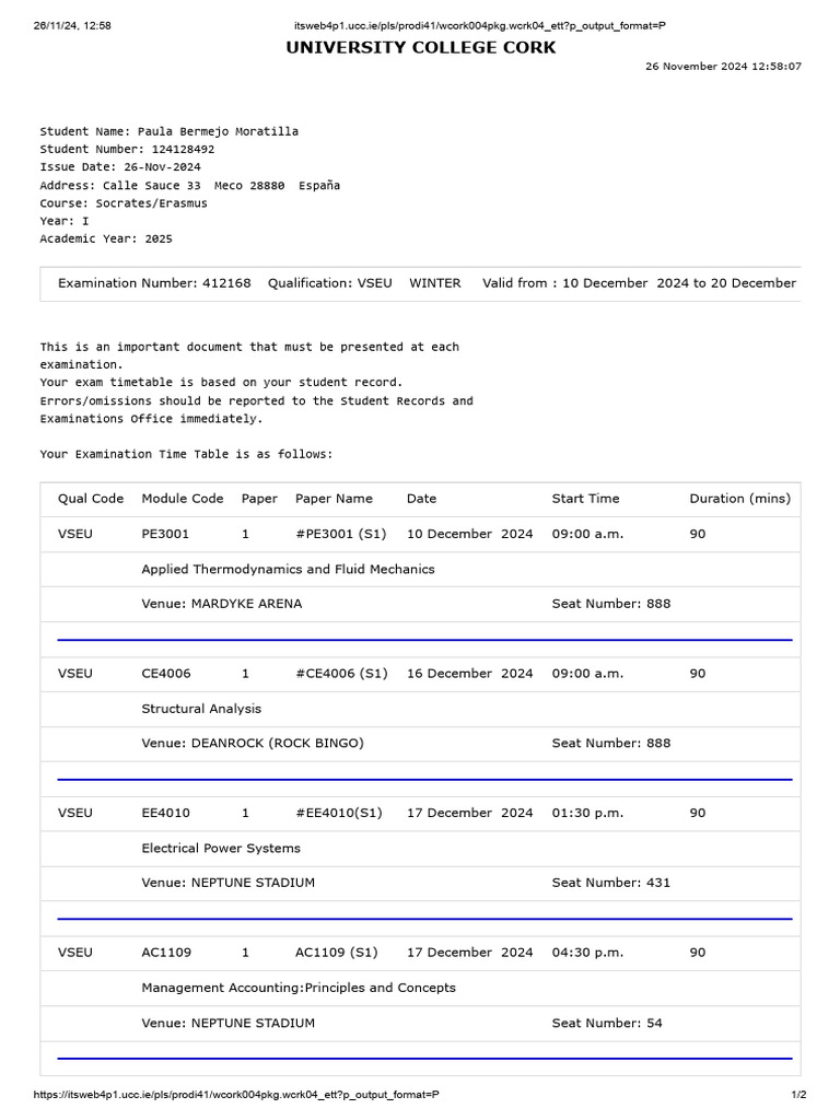 UCC Winter Exam Timetable 2024 | PDF | Mechanical Engineering