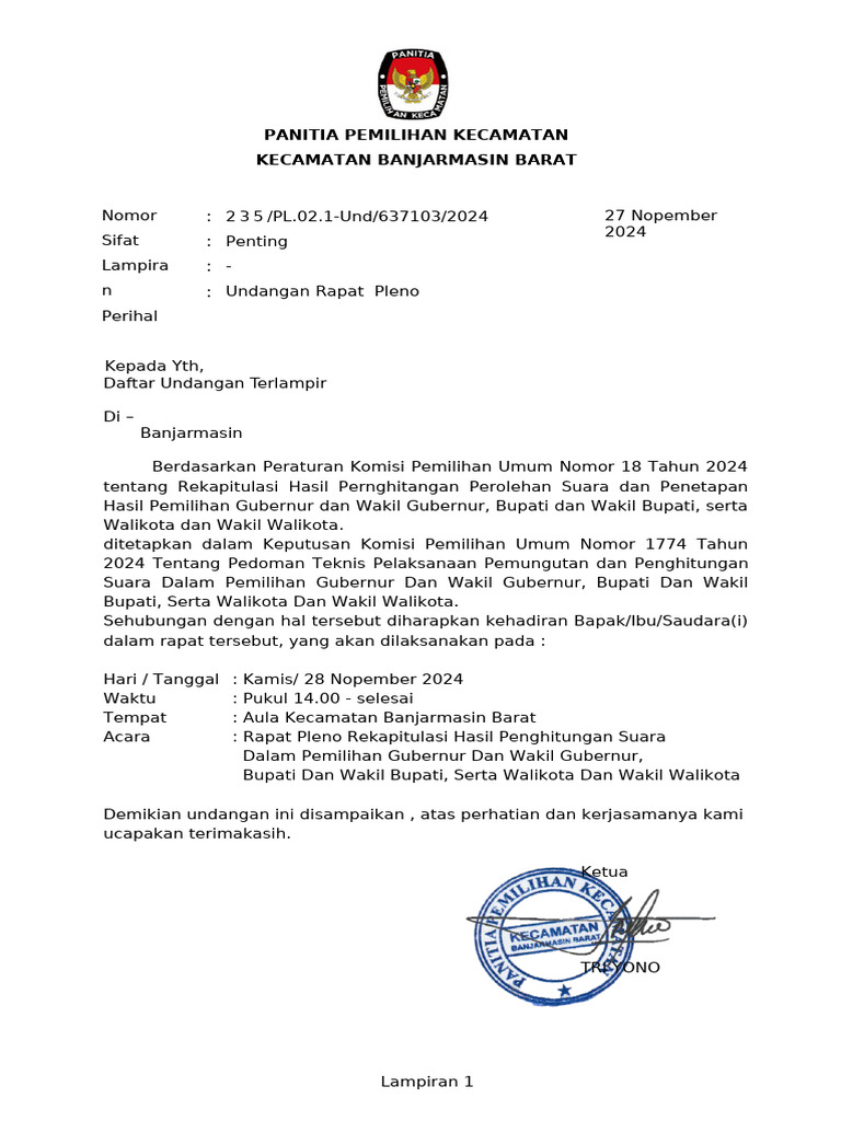 Undangan Rapat Pleno Rekapitulasi | PDF