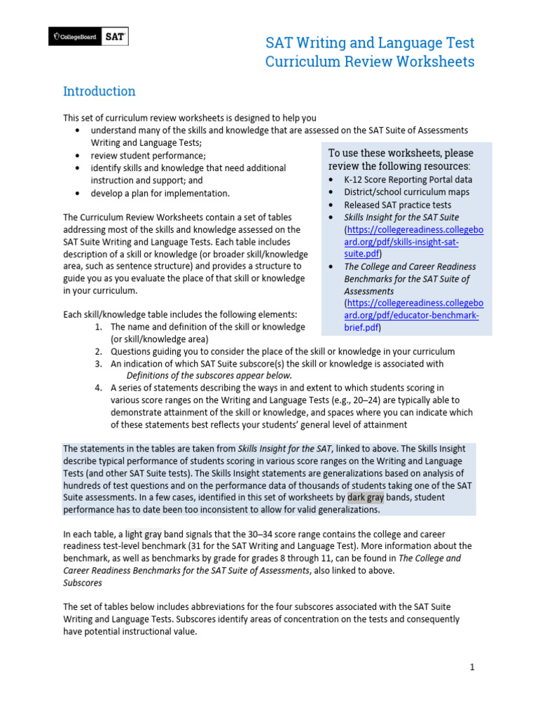 SAT Writing Language Test Curriculum Worksheet | PDF | Cost Of Living ...