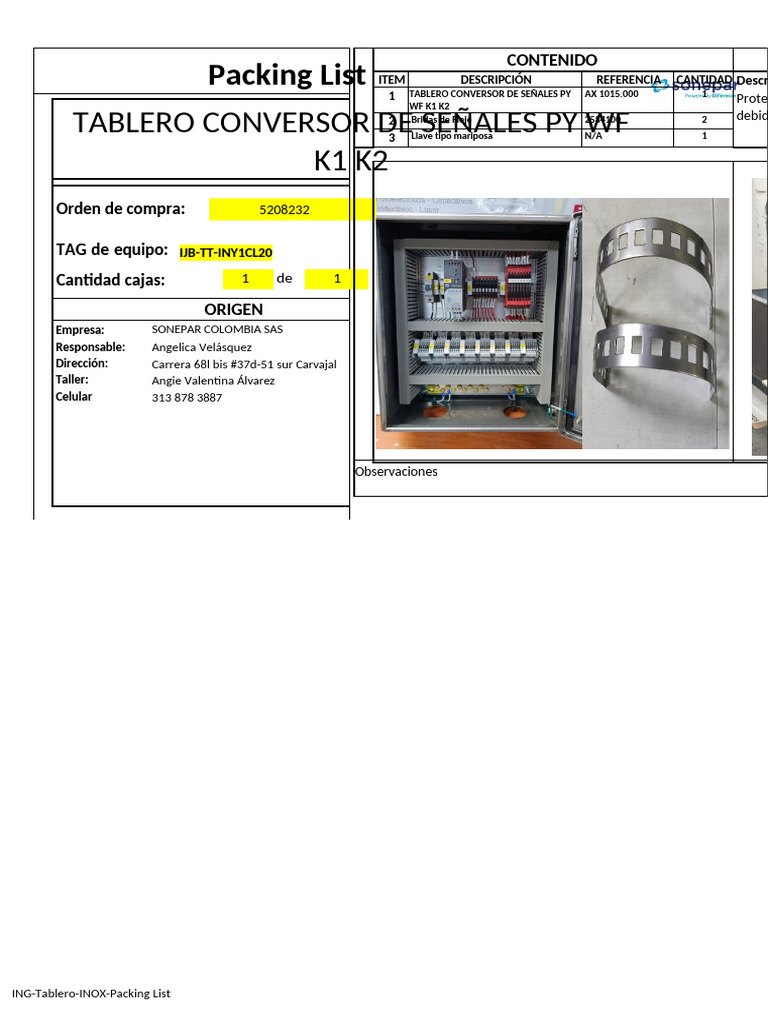 Lista de Empaque Tablero INOX PY WF | PDF