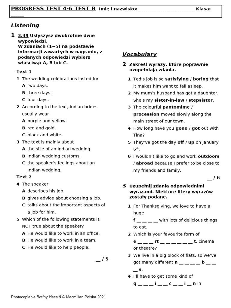 Progress Test 4-6: Listening & Grammar | PDF