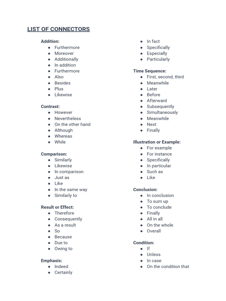 Connectors in English with Examples | PDF