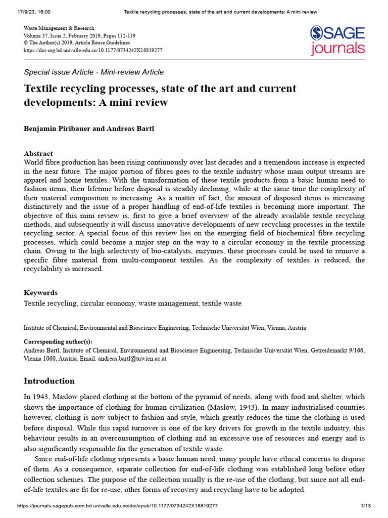 Textile Recycling Processes, State of The Art and Current Developments ...