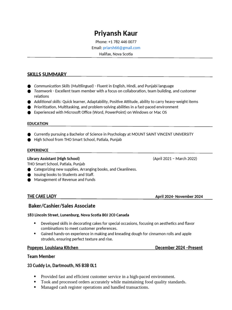 Priyansh Kaur: Skills & Experience Summary | PDF