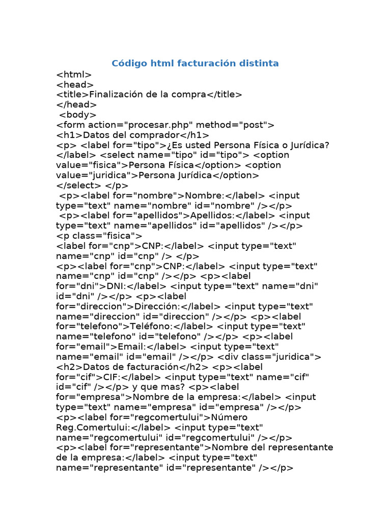 Código HTML Facturación Distinta | PDF