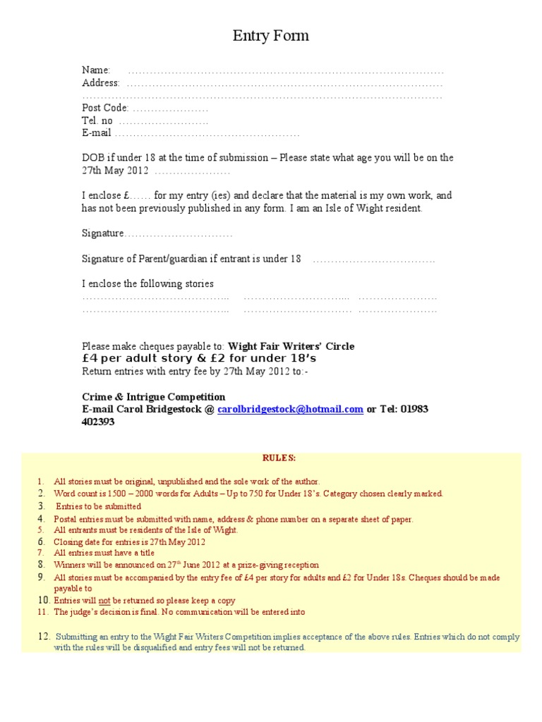 Crime Story Entry Form 2012 | PDF | Sports & Recreation
