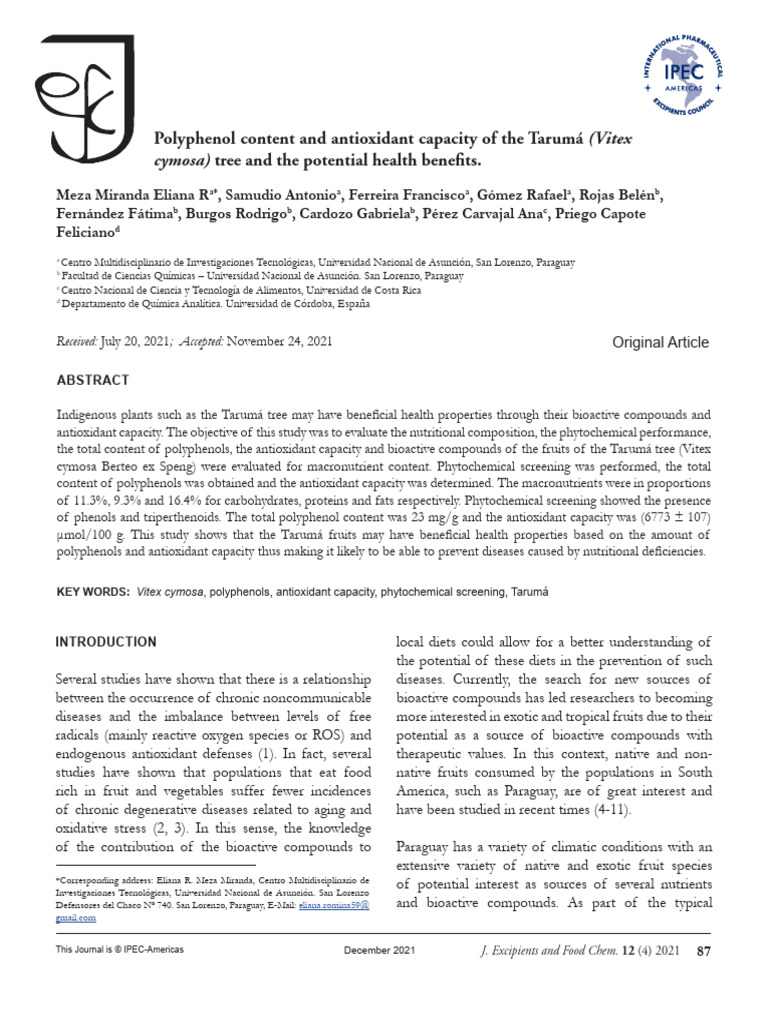 Polyphenol Content and Antioxidant Capacity of The Taruma Vitex Cymosa ...