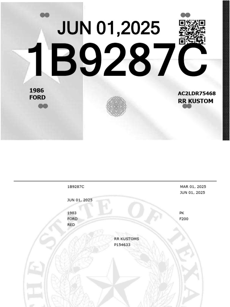 Texas Vehicle Tag Receipt for Ford F200 | PDF