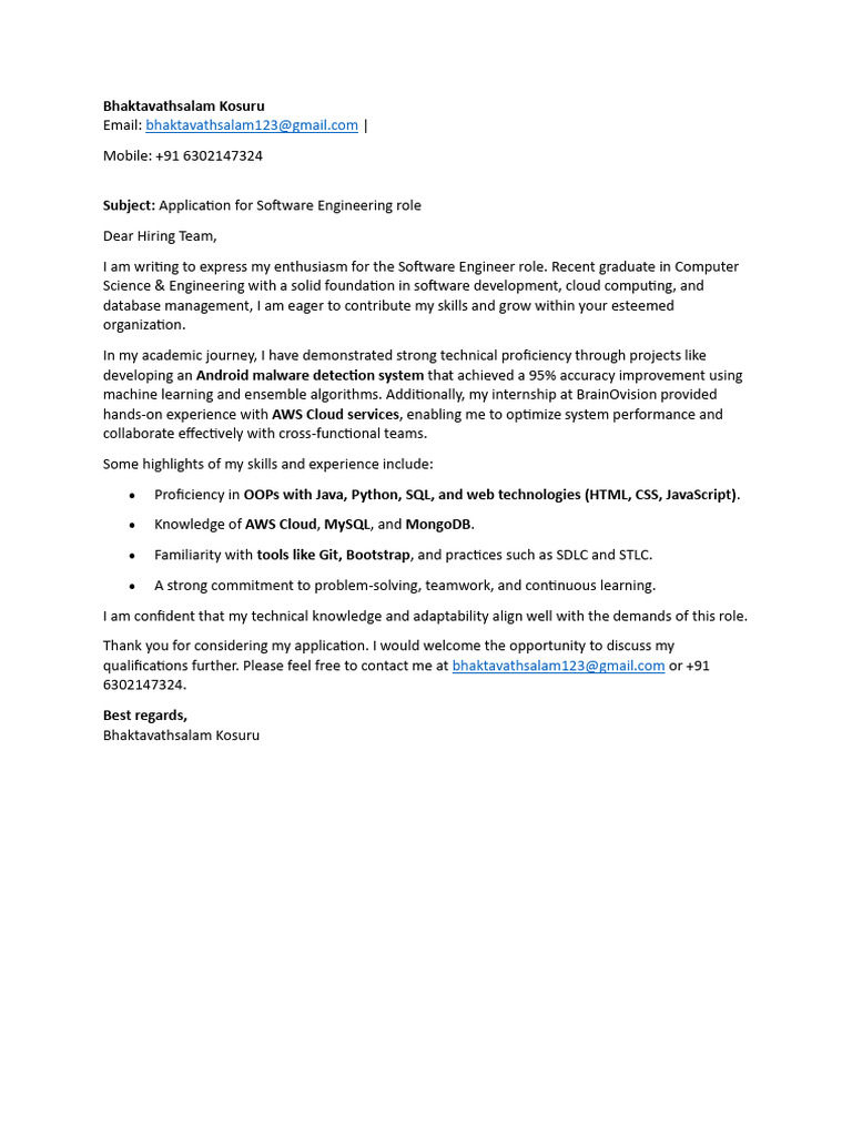 Software Engineer Application by Bhaktavathsalam | PDF