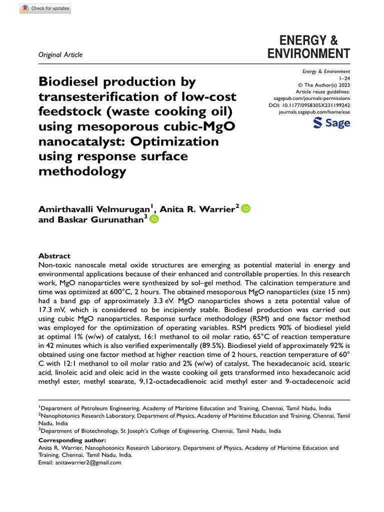 Biodiesel from Waste Oil Using MgO Nanocatalyst | PDF | Biofuel | Biodiesel