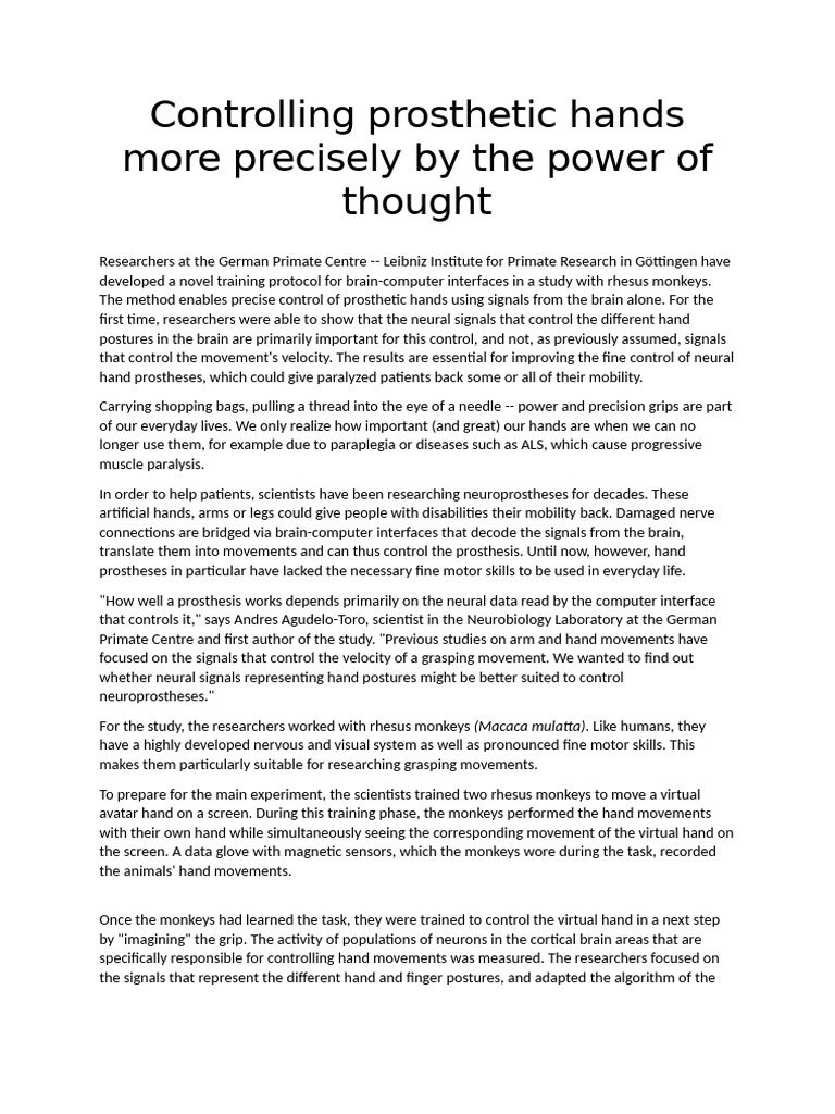 Brain-Controlled Prosthetic Hands | PDF | Prosthesis | Cognitive Science