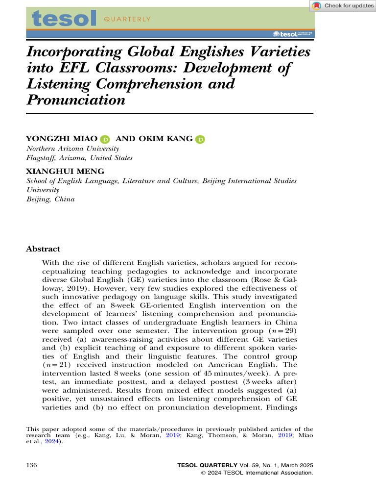 Global Englishes in EFL Classrooms | PDF | English As A Second Or ...