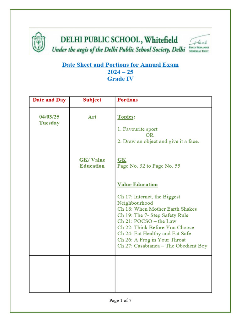 Grade IV Annual Exam Date Sheet 2024-25 | PDF