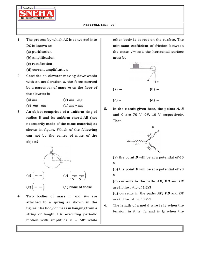 NEET Full Test 02: Physics, Chemistry, Biology | PDF | Force | Physical ...