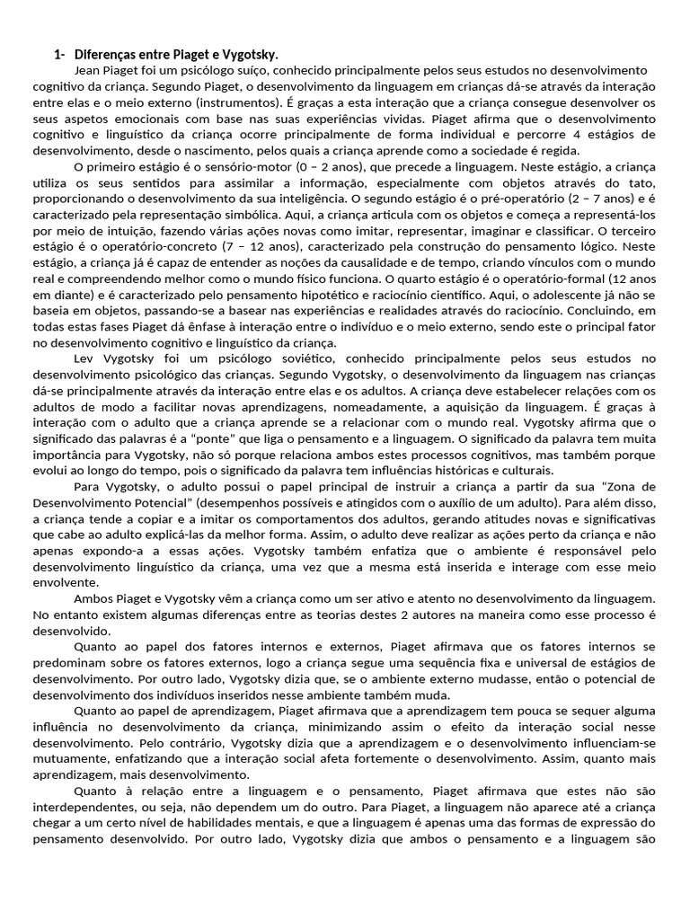 Diferenças entre Piaget e Vygotsky | PDF | Aprendizado | Pensamento
