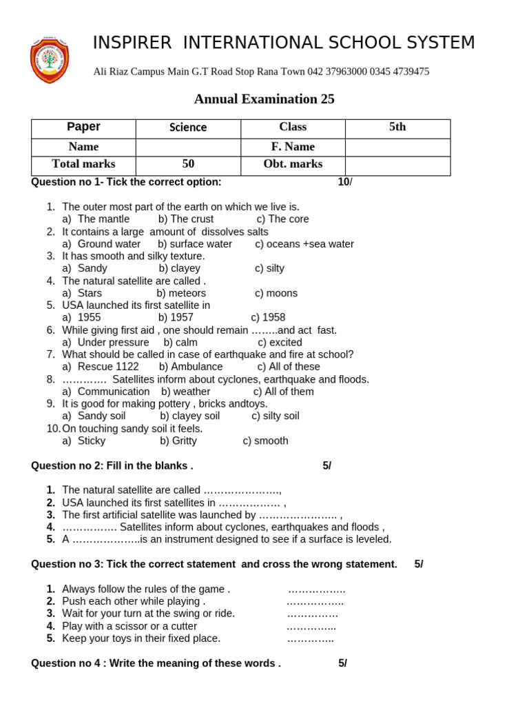 5th Grade Science Exam Paper | PDF | Satellite | Earth