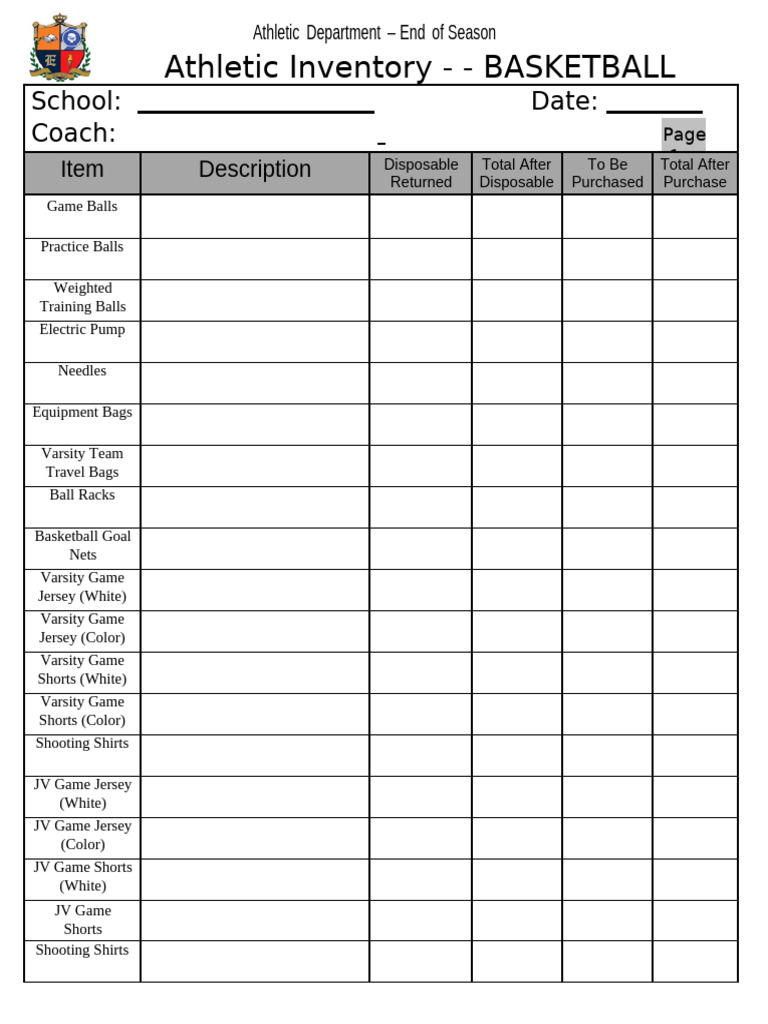 Basketball Equipment Inventory Template | PDF | Clothing | Team Sports