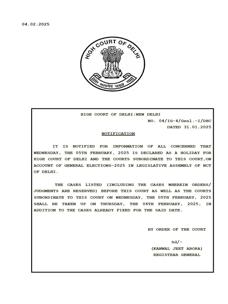 Delhi High Court Holiday Notification | PDF | Tribunal | Advocate