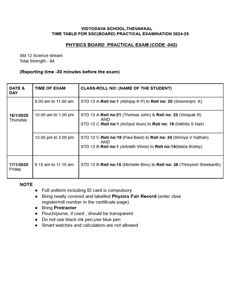 SSC Physics Practical Exam Schedule 2024-25 | PDF