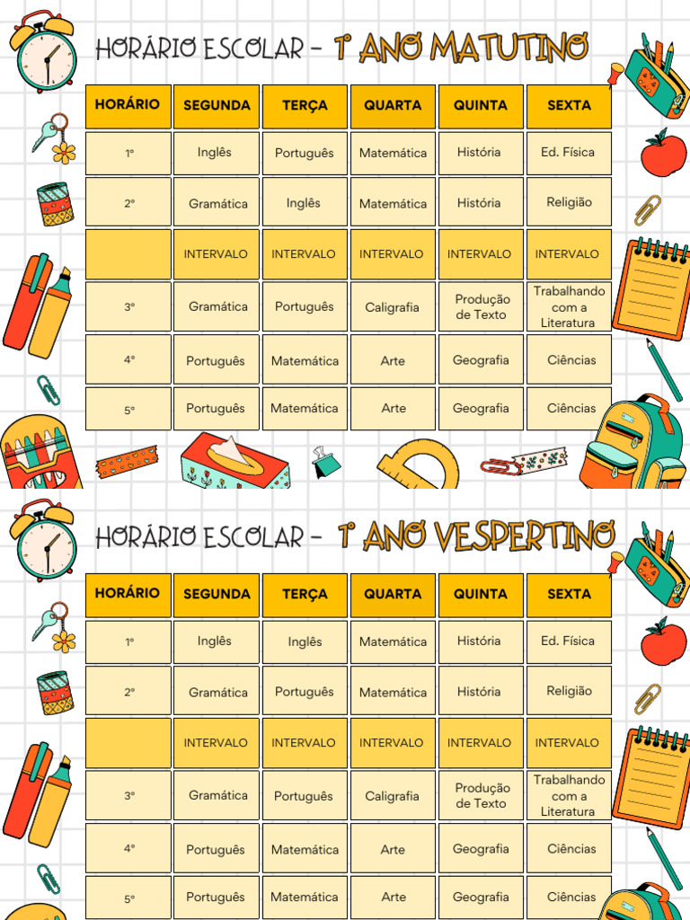 Horário Escolar 1° Ano Matutino e Vespertino | PDF
