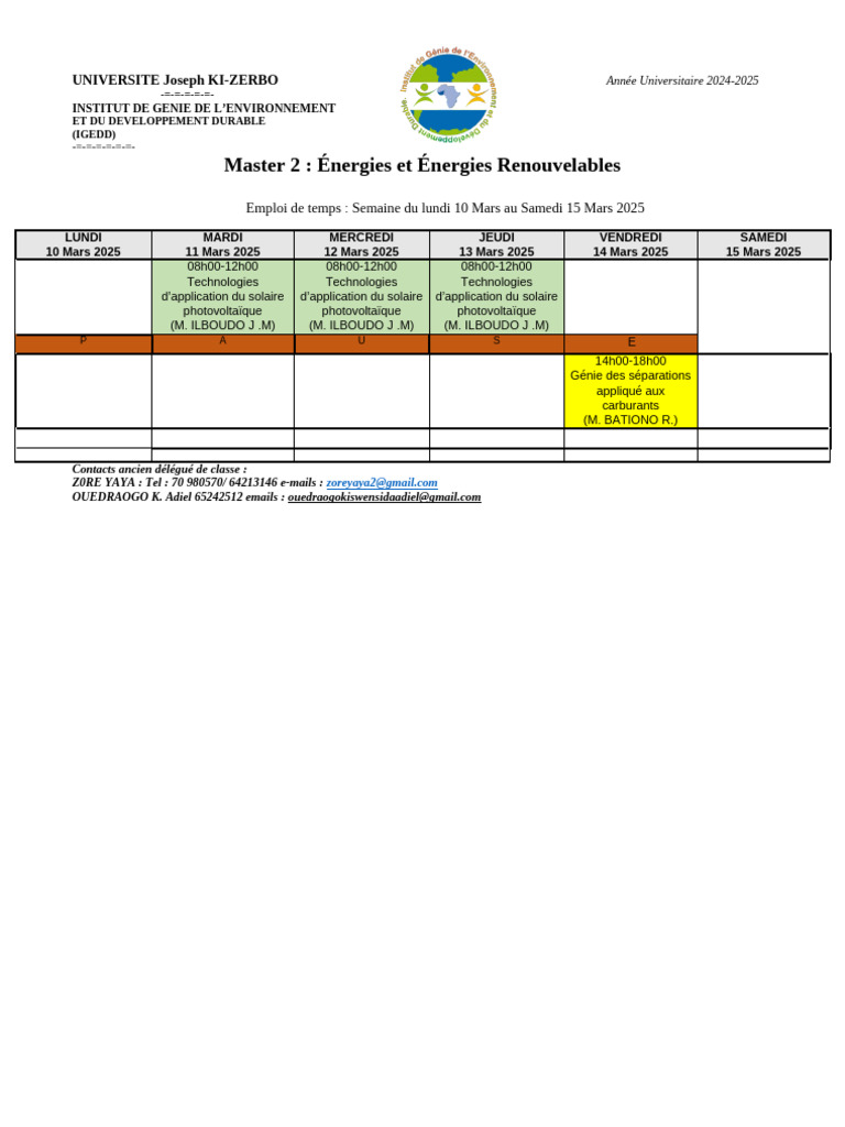 Emploi du temps Master Énergies 2025 | PDF