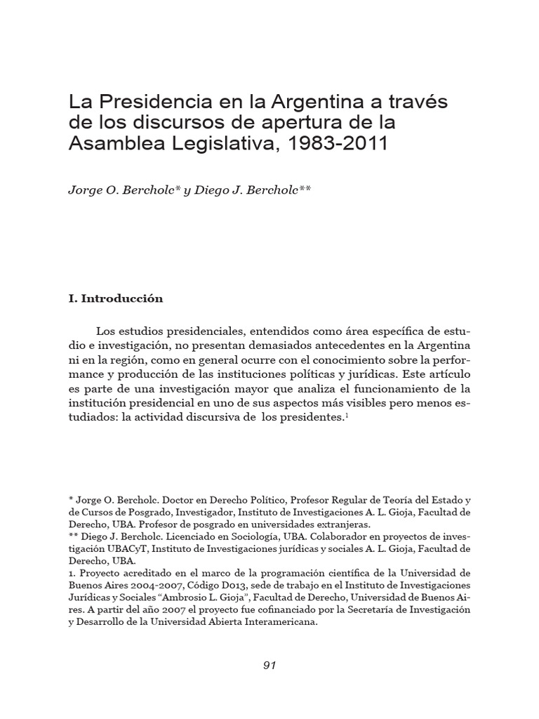 La Presidencia en La Argentina A Traves de Los Discursos de Apertura de ...