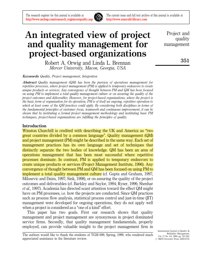 Relationship QM PM Handout | PDF | Project Management | Quality Management