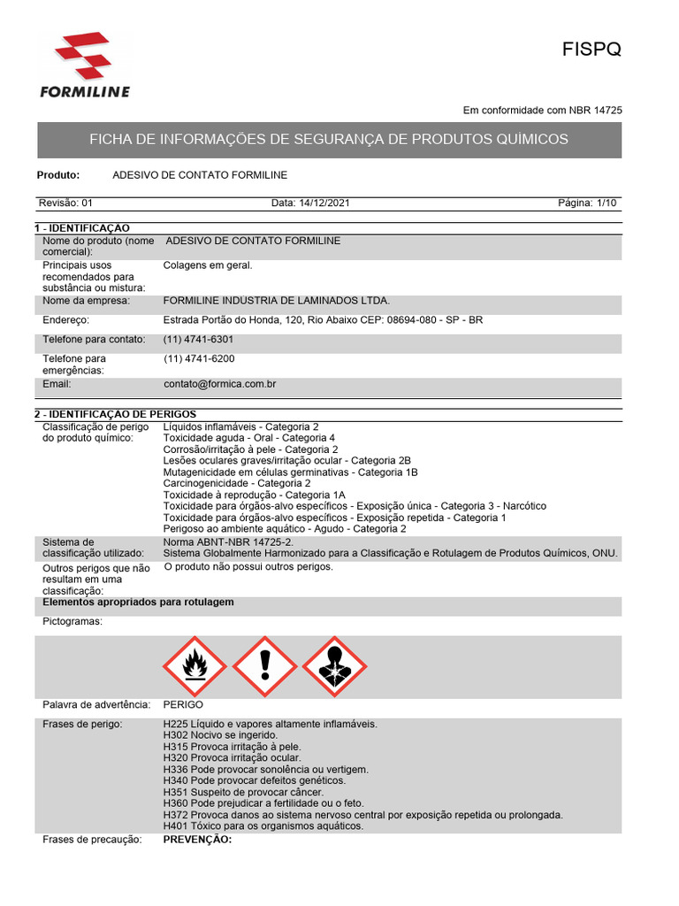 Fispq Adesivo de Contato Formiline | PDF | Tolueno | Calor