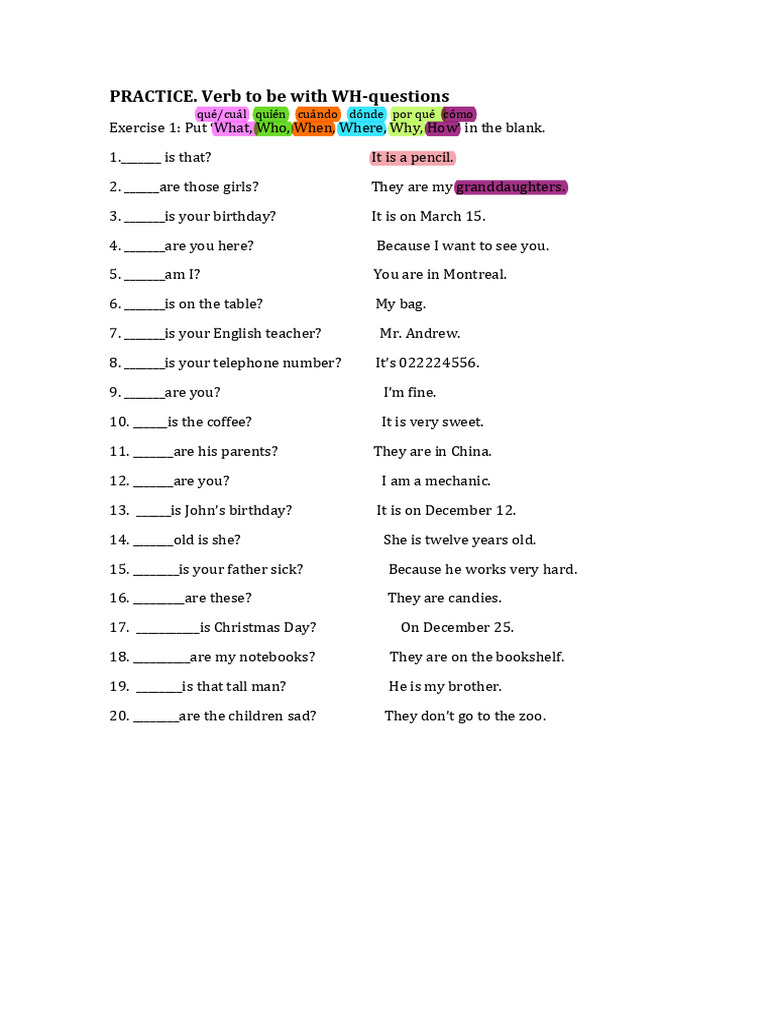WH QUESTIONS WITH BE FILLABLE Ok Ok | PDF