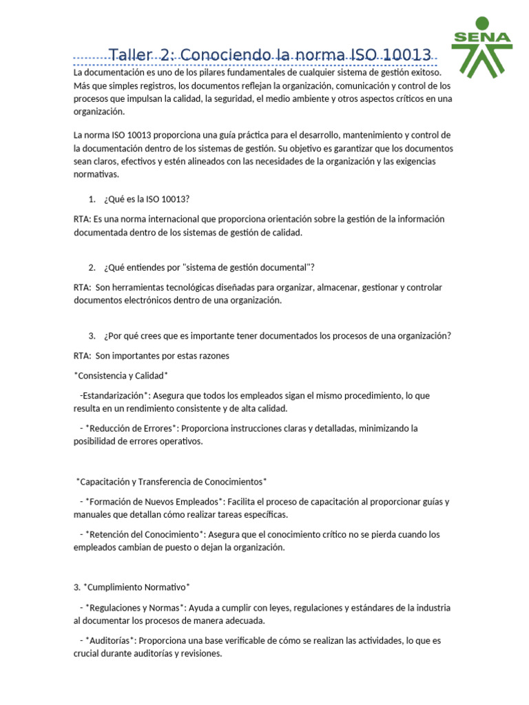 2. Taller 2_ Conociendo La Norma ISO 10013 A | PDF | Calidad (comercial ...